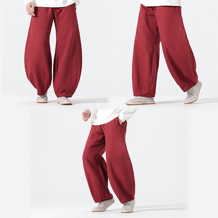 Buddha Stones Daily Drawstring Chinese Zen Style Men's Wide Leg Pure Pants With Pockets - image 17