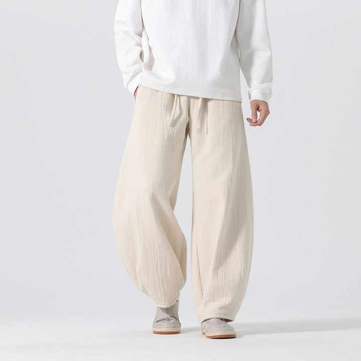 Buddha Stones Daily Drawstring Chinese Zen Style Men's Wide Leg Pure Pants With Pockets - Beige - US/UK/AU46，EU56 (5XL) - image 0