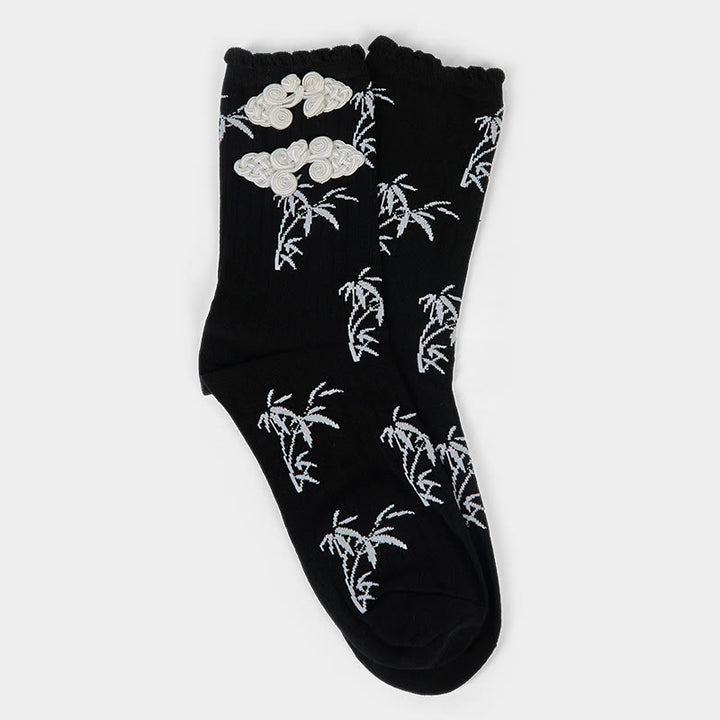Buddha Stones Chinese Frog-Button Design Jacquard Bamboo Pattern Micro Crew Women's Socks - image 1