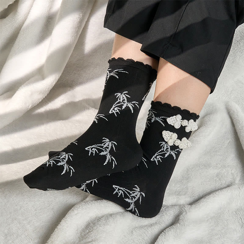 Buddha Stones Chinese Frog-Button Design Jacquard Bamboo Pattern Micro Crew Women's Socks - image 4