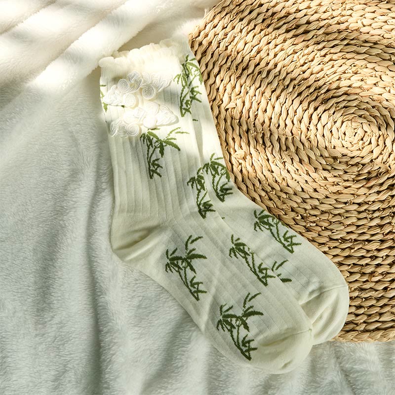 Buddha Stones Chinese Frog-Button Design Jacquard Bamboo Pattern Micro Crew Women's Socks - image 18