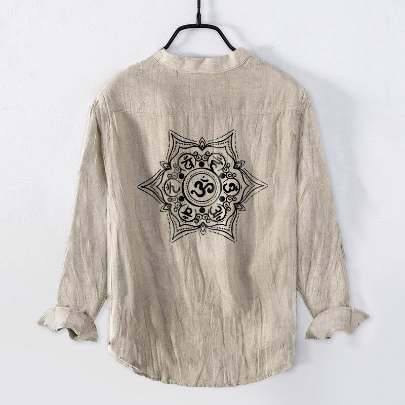 Buddha Stones Om Mani Padme Hum Mandala Half Buttons Design Long Sleeve Men's Cotton Linen Shirt - image 5