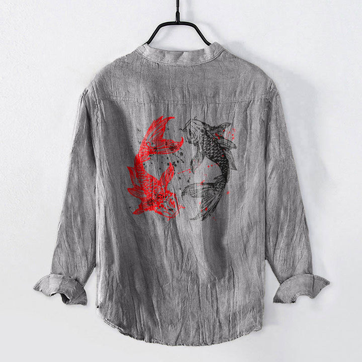 Buddha Stones Yin Yang Koi Fish Pattern Half Buttons Design Long Sleeve Men's Cotton Linen Shirt - image 2