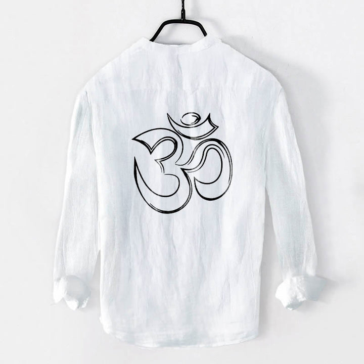 Buddha Stones Plain Om Symbol Pattern Half Buttons Design Men's Cotton Linen Long Sleeve Shirt - image 8