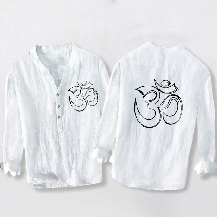 Buddha Stones Plain Om Symbol Pattern Half Buttons Design Men's Cotton Linen Long Sleeve Shirt - White - US/UK/AU50，EU60 (5XL) - image 6