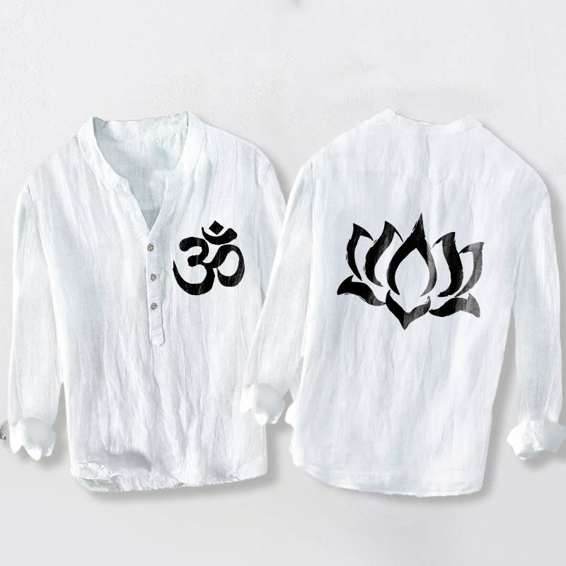 Buddha Stones Lotus Om Symbol Pattern Half Buttons Design Men's Cotton Linen Long Sleeve Shirt - White - US/UK/AU50，EU60 (5XL) - image 6