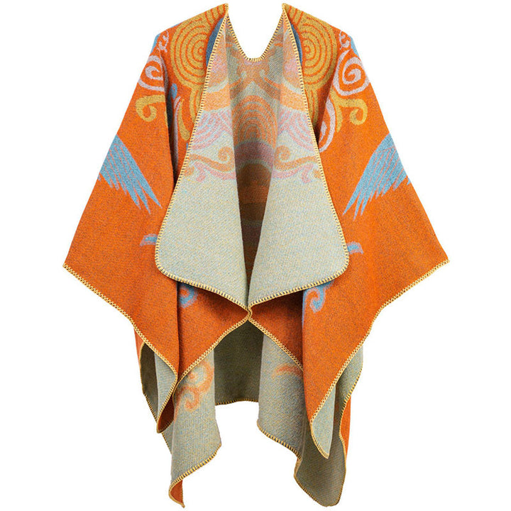 Buddha Stones Tibetan Open Front Auspicious Cloud Crane Pattern Unisex Cozy Scarf Shawl - DarkOrange - image 0