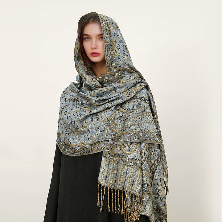 Buddha Stones Ethnic Daily Tibetan Paisley Pattern Tassel Cozy Scarf Shawl - LightSteelBlue - 70*180cm - image 24