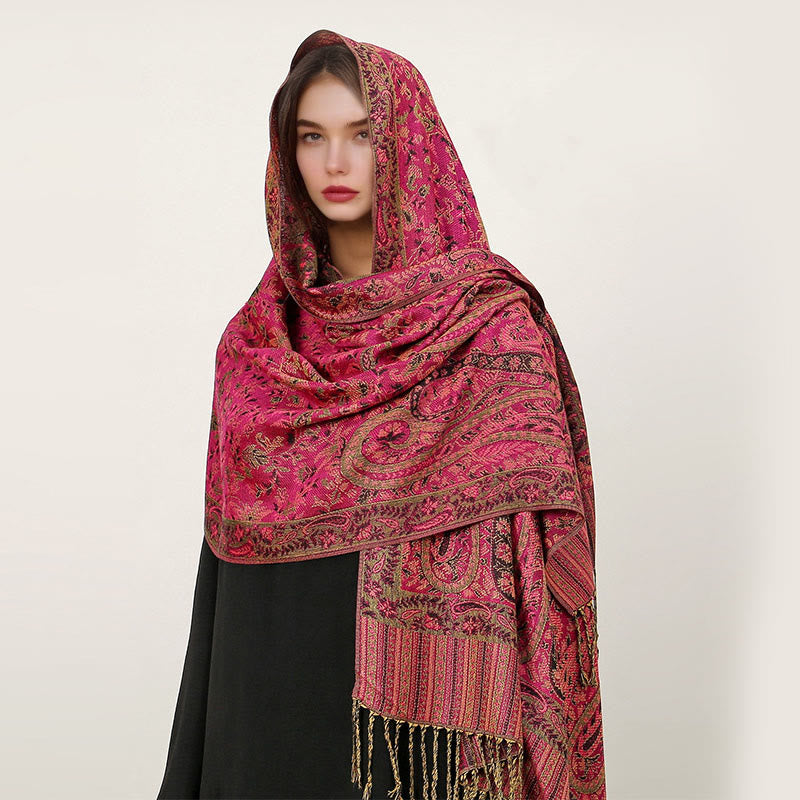 Buddha Stones Ethnic Daily Tibetan Paisley Pattern Tassel Cozy Scarf Shawl - MediumVioletRed - 70*180cm - image 6