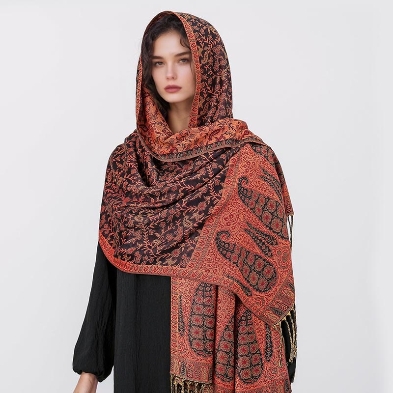 Buddha Stones Tibetan Jacquard Paisley Flower Pattern Color Contrast Design Tassel Cozy Scarf Shawl - image 8