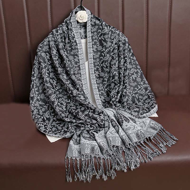 Buddha Stones Tibetan Jacquard Paisley Flower Pattern Color Contrast Design Tassel Cozy Scarf Shawl - DimGray - image 35