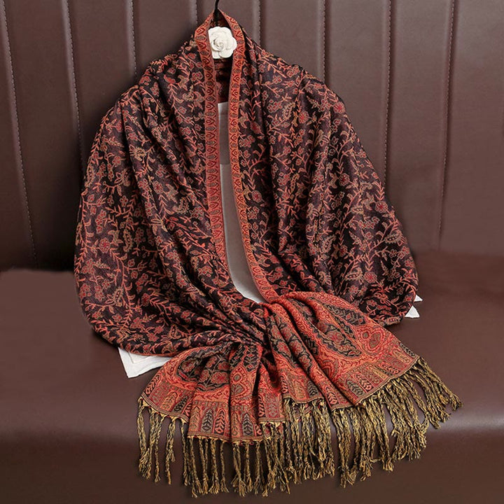 Buddha Stones Tibetan Jacquard Paisley Flower Pattern Color Contrast Design Tassel Cozy Scarf Shawl - OrangeRed - image 7