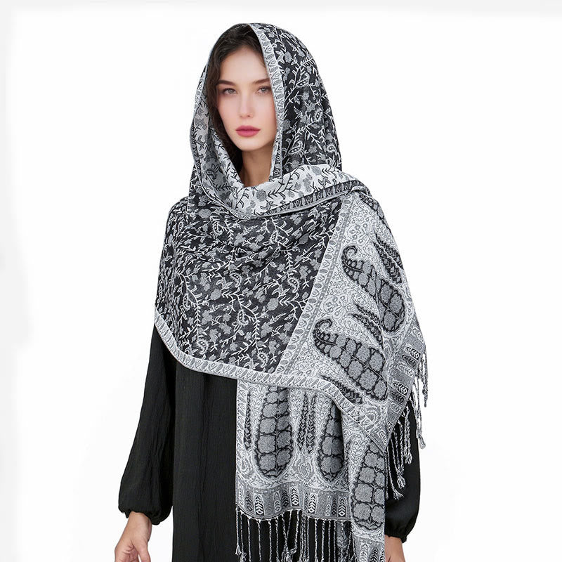 Buddha Stones Tibetan Jacquard Paisley Flower Pattern Color Contrast Design Tassel Cozy Scarf Shawl - image 36