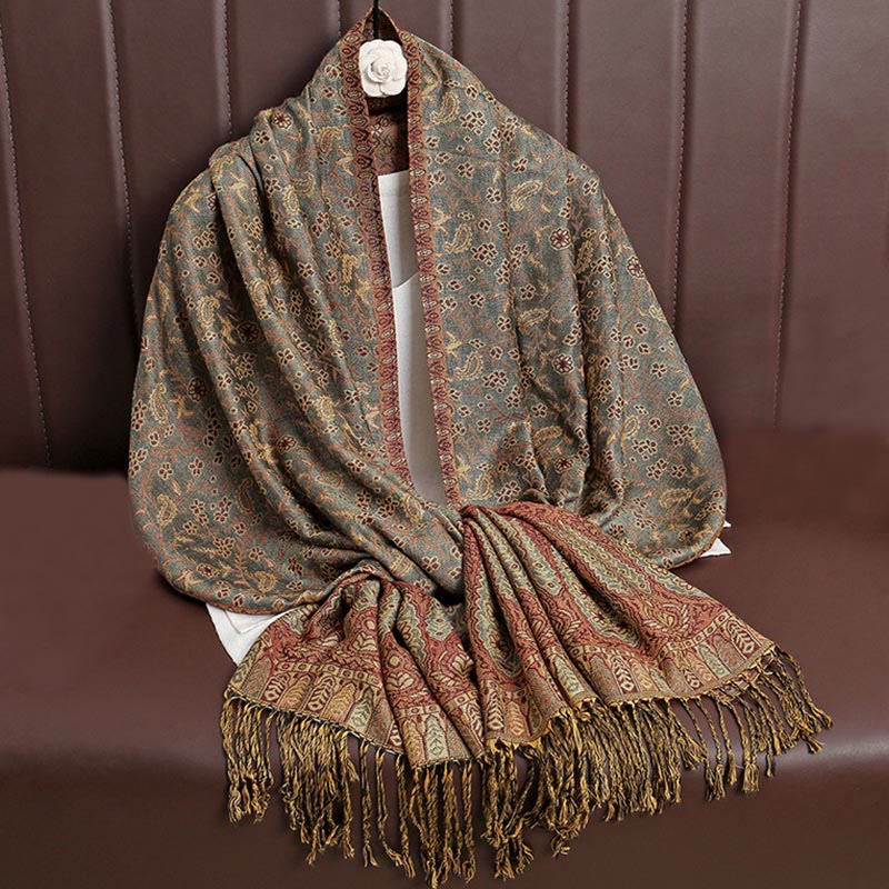 Buddha Stones Tibetan Jacquard Paisley Flower Pattern Color Contrast Design Tassel Cozy Scarf Shawl - DarkSeaGreen - image 23