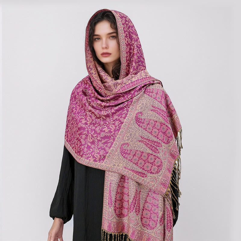 Buddha Stones Tibetan Jacquard Paisley Flower Pattern Color Contrast Design Tassel Cozy Scarf Shawl - image 16