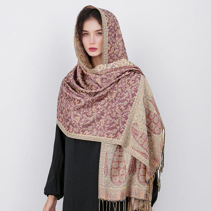 Buddha Stones Tibetan Jacquard Paisley Flower Pattern Color Contrast Design Tassel Cozy Scarf Shawl - image 32