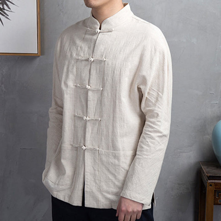 Buddha Stones Solid Color Casual Frog-button Men's Shirt Clothing - image 2