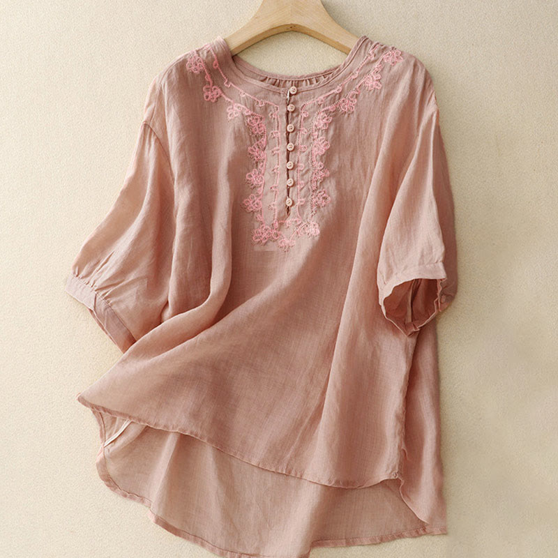 Buddha Stones Casual Women's Plain Frog Buckle Design Half Sleeve Shirt - Pink - US8-10，UK/AU12-14，EU40-42 (2XL) - image 0