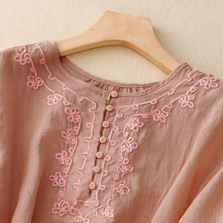 Buddha Stones Casual Women's Plain Frog Buckle Design Half Sleeve Shirt - image 2