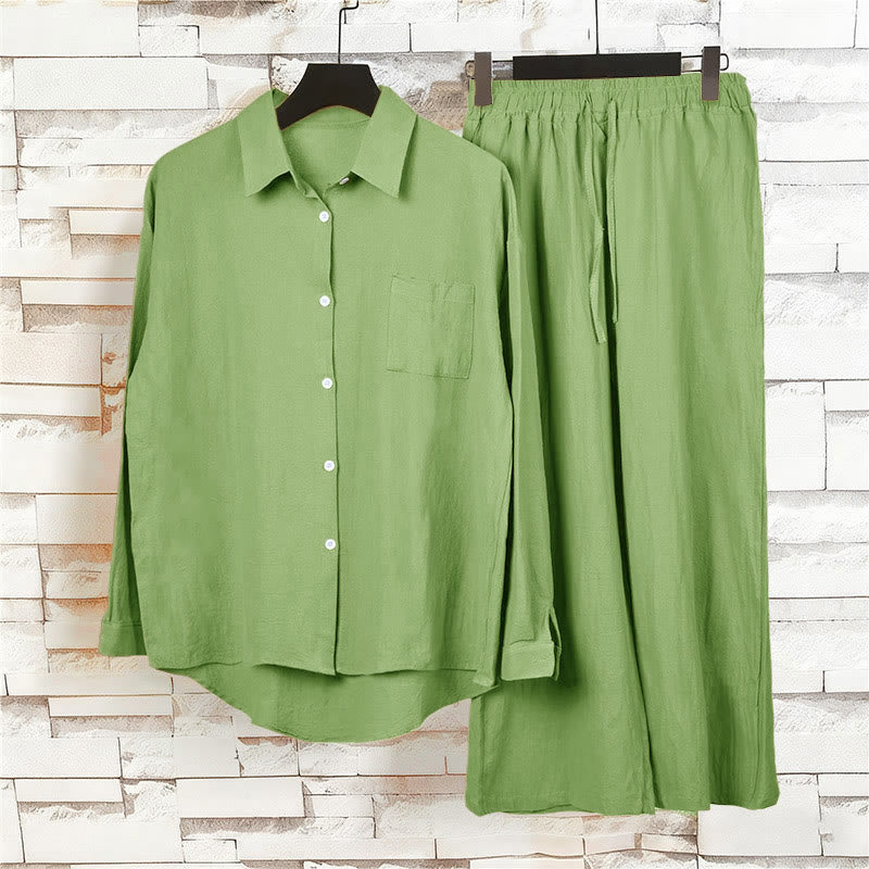 Buddha Stones 2Pcs Long Sleeve Shirt Top With Pockets Drawstring Pants Meditation Cotton Linen Clothing Women's Set - image 5