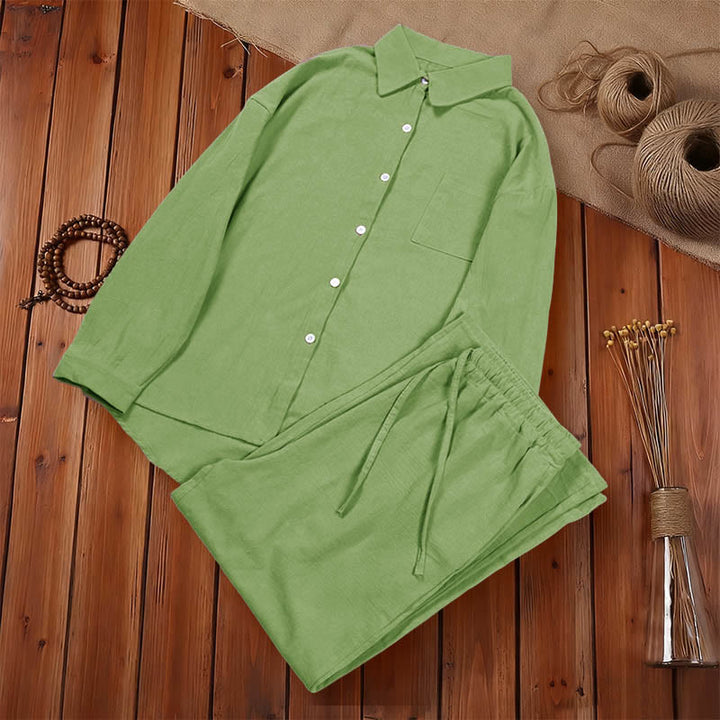 Buddha Stones 2Pcs Long Sleeve Shirt Top With Pockets Drawstring Pants Meditation Cotton Linen Clothing Women's Set - image 1