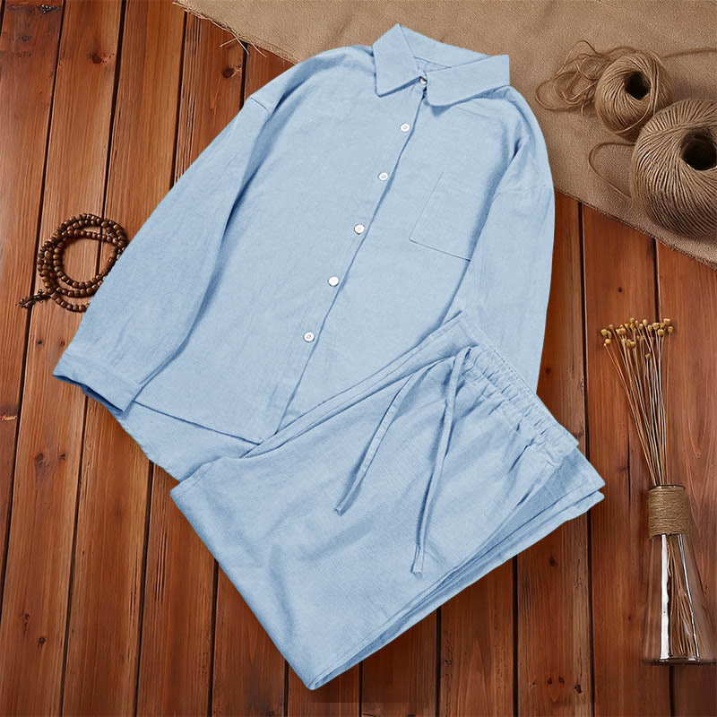 Buddha Stones 2Pcs Long Sleeve Shirt Top With Pockets Drawstring Pants Meditation Cotton Linen Clothing Women's Set - image 25