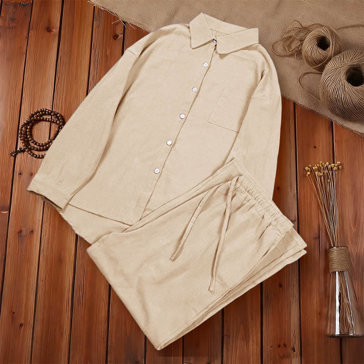 Buddha Stones 2Pcs Long Sleeve Shirt Top With Pockets Drawstring Pants Meditation Cotton Linen Clothing Women's Set - image 13