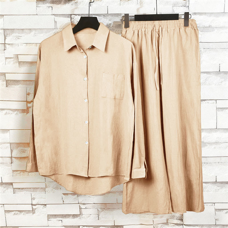 Buddha Stones 2Pcs Long Sleeve Shirt Top With Pockets Drawstring Pants Meditation Cotton Linen Clothing Women's Set - image 17