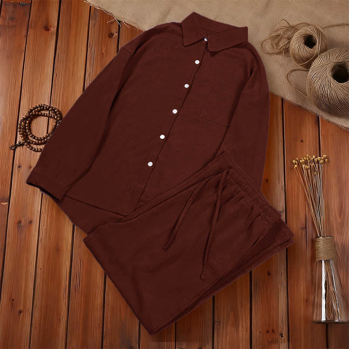 Buddha Stones 2Pcs Long Sleeve Shirt Top With Pockets Drawstring Pants Meditation Cotton Linen Clothing Women's Set - image 37