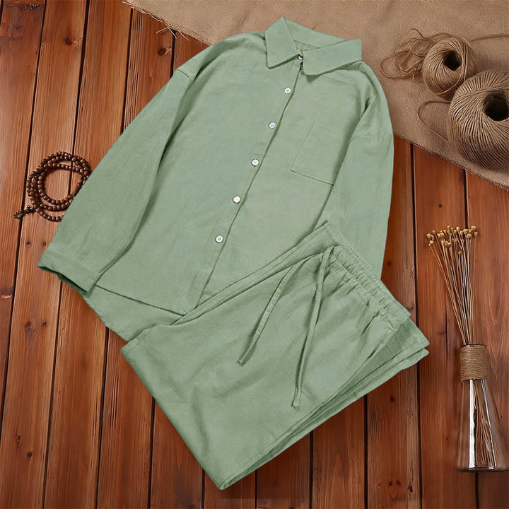 Buddha Stones 2Pcs Long Sleeve Shirt Top With Pockets Drawstring Pants Meditation Cotton Linen Clothing Women's Set - image 43