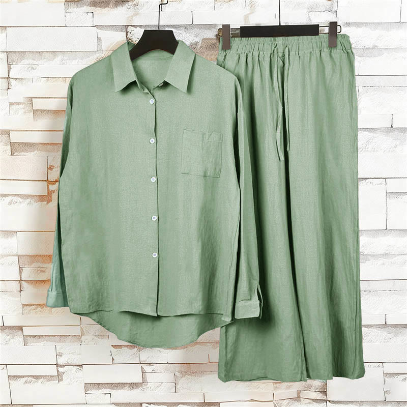 Buddha Stones 2Pcs Long Sleeve Shirt Top With Pockets Drawstring Pants Meditation Cotton Linen Clothing Women's Set - image 47