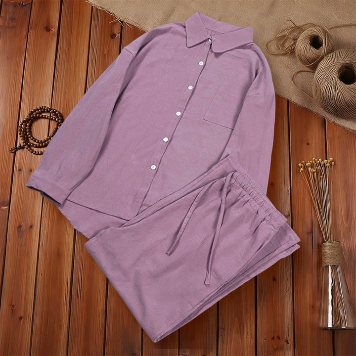 Buddha Stones 2Pcs Long Sleeve Shirt Top With Pockets Drawstring Capri Pants Meditation Cotton Clothing Women's Set - image 55