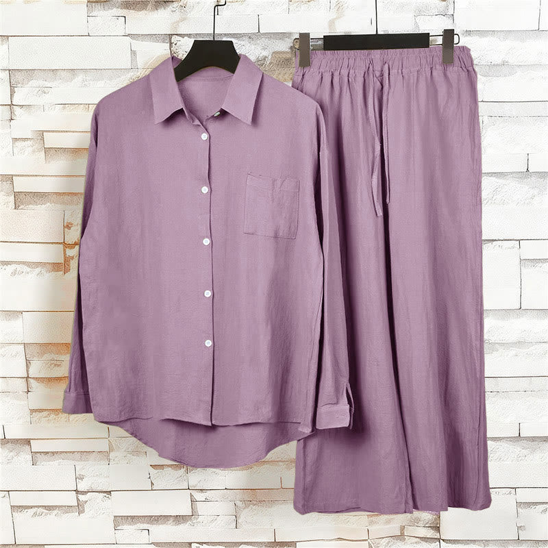 Buddha Stones 2Pcs Long Sleeve Shirt Top With Pockets Drawstring Pants Meditation Cotton Linen Clothing Women's Set - image 59