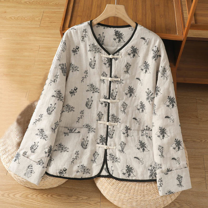 Buddha Stones Women's Printing Frog-button Long Sleeve Cotton Padded Jacket With Pockets - White - US14，UK/AU18，EU46 (2XL) - image 0