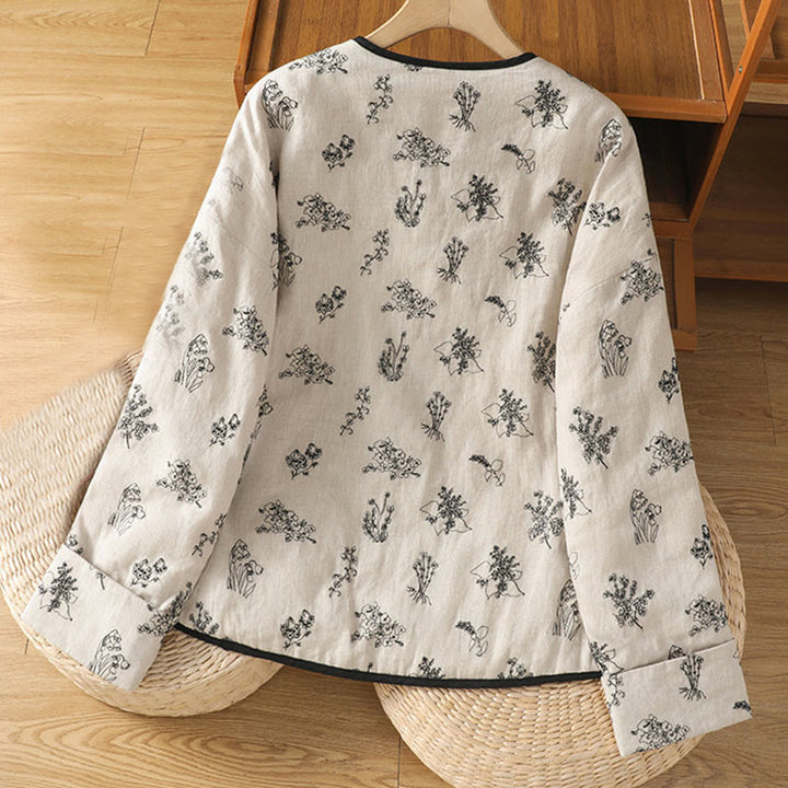 Buddha Stones Women's Printing Frog-button Long Sleeve Cotton Padded Jacket With Pockets - image 1