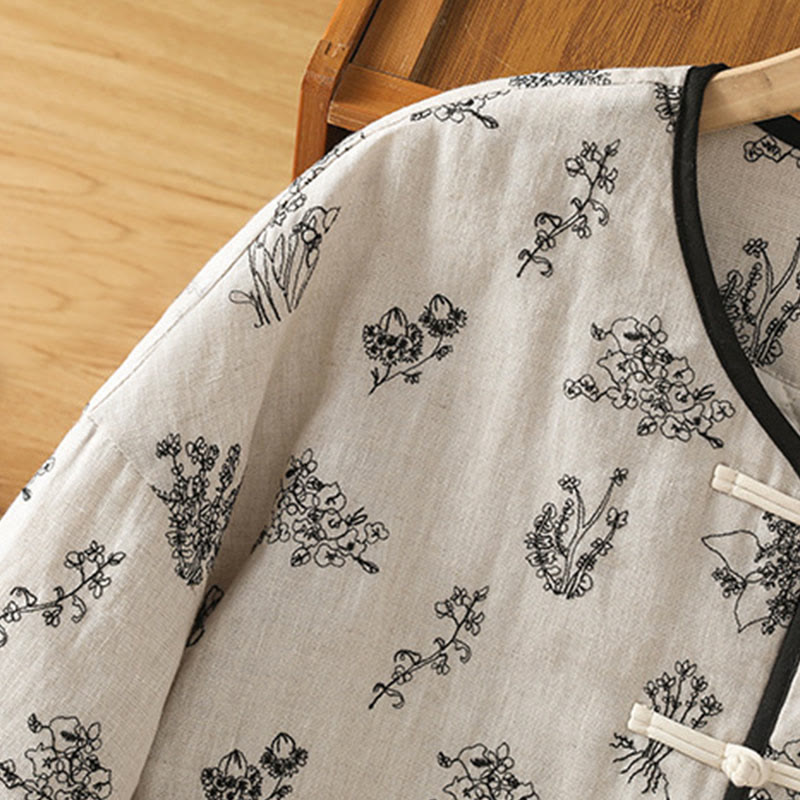 Buddha Stones Women's Printing Frog-button Long Sleeve Cotton Padded Jacket With Pockets - image 7