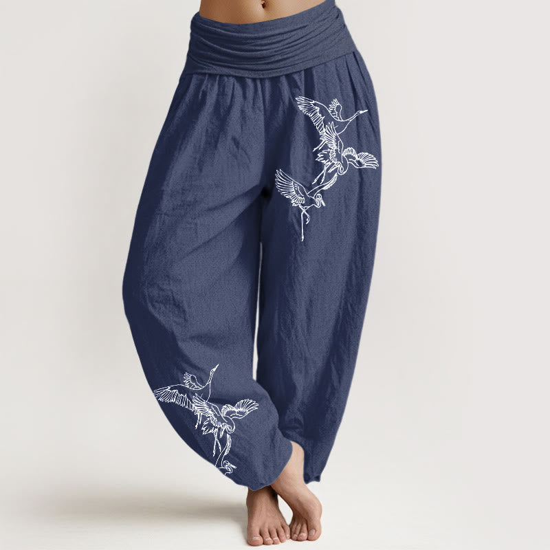 Buddha Stones Flying Crane Pattern Women's Elastic Waist Harem Cotton Pants - DarkSlateBlue - US22，UK/AU26，EU54 (6XL) - image 8
