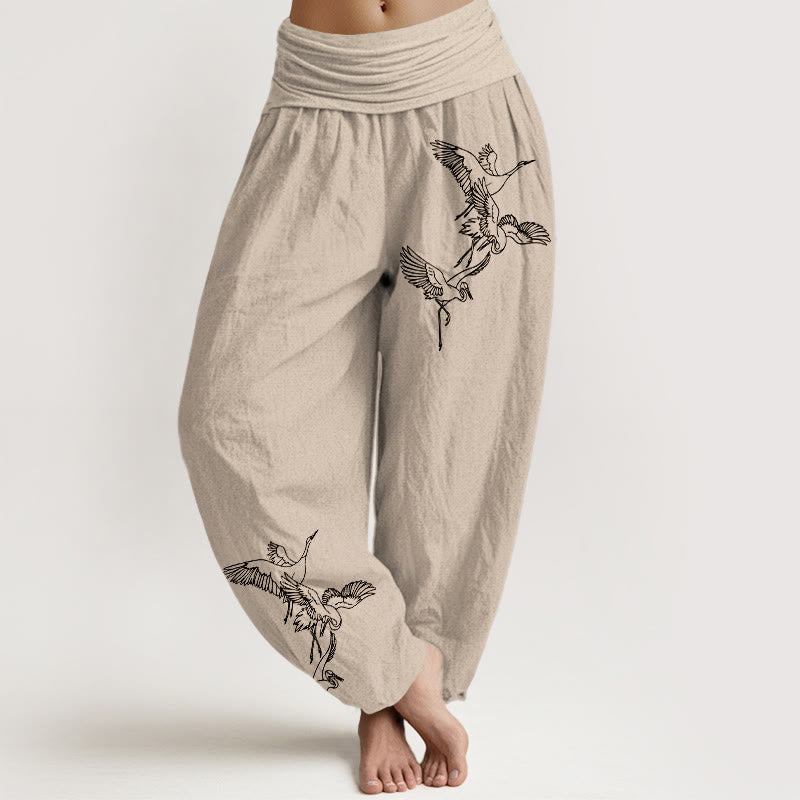 Buddha Stones Flying Crane Pattern Women's Elastic Waist Harem Cotton Pants - Tan - US22，UK/AU26，EU54 (6XL) - image 11