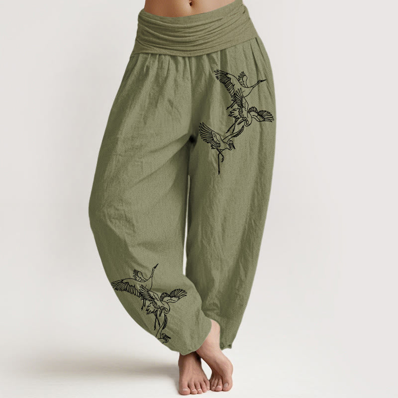 Buddha Stones Flying Crane Pattern Women's Elastic Waist Harem Cotton Pants - OliveDrab - US22，UK/AU26，EU54 (6XL) - image 14