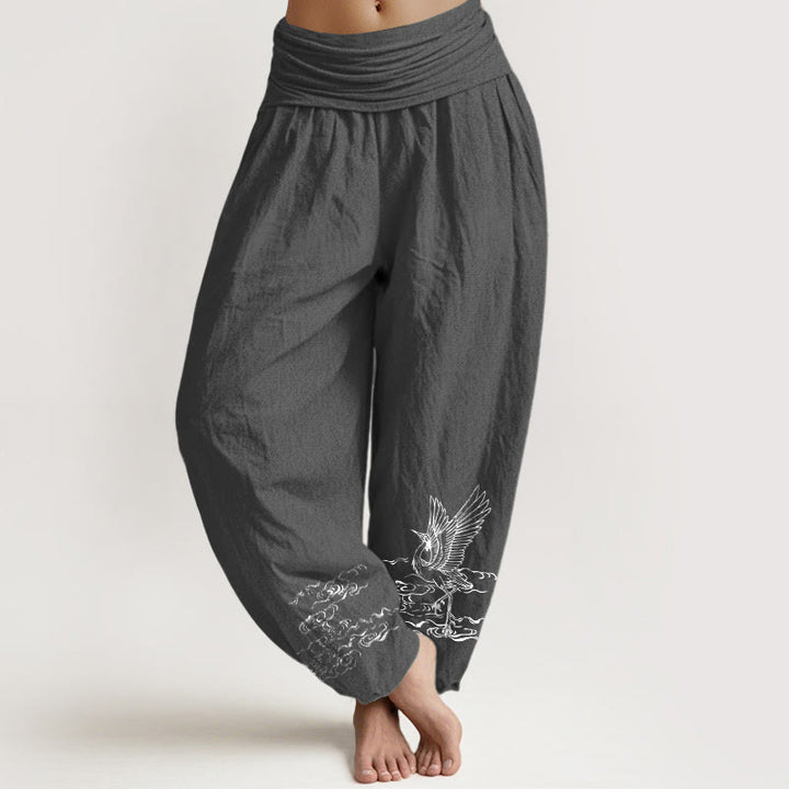 Buddha Stones Crane Flowing Water Pattern Women's Elastic Waist Harem Cotton Pants - DimGray - US22，UK/AU26，EU54 (6XL) - image 8