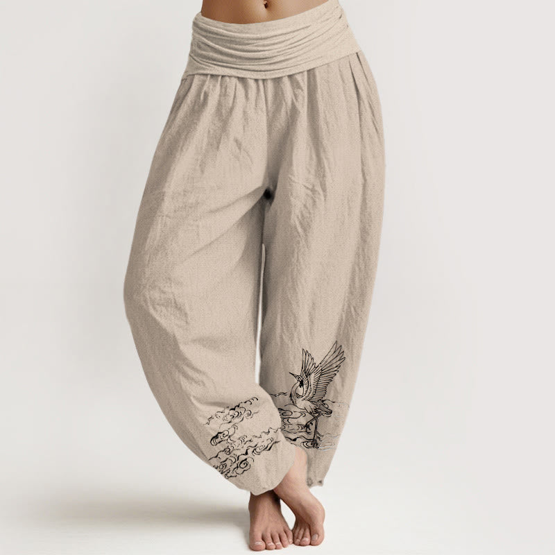 Buddha Stones Crane Flowing Water Pattern Women's Elastic Waist Harem Cotton Pants - Tan - US22，UK/AU26，EU54 (6XL) - image 11