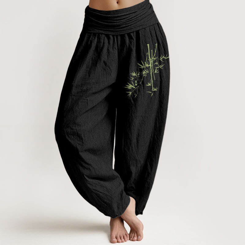 Buddha Stones Bamboo Stems Leaves Pattern Women's Elastic Waist Harem Cotton Pants - Black - US22，UK/AU26，EU54 (6XL) - image 0