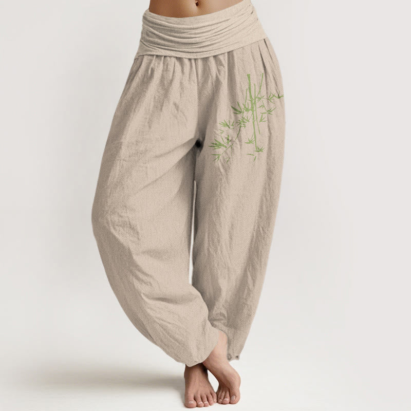 Buddha Stones Bamboo Stems Leaves Pattern Women's Elastic Waist Harem Cotton Pants - Tan - US22，UK/AU26，EU54 (6XL) - image 11