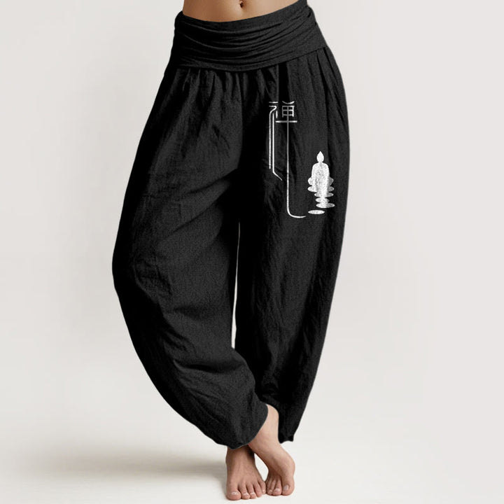 Buddha Stones Zen Buddhist Pattern Women's Elastic Waist Harem Cotton Pants - Black - US22，UK/AU26，EU54 (6XL) - image 5