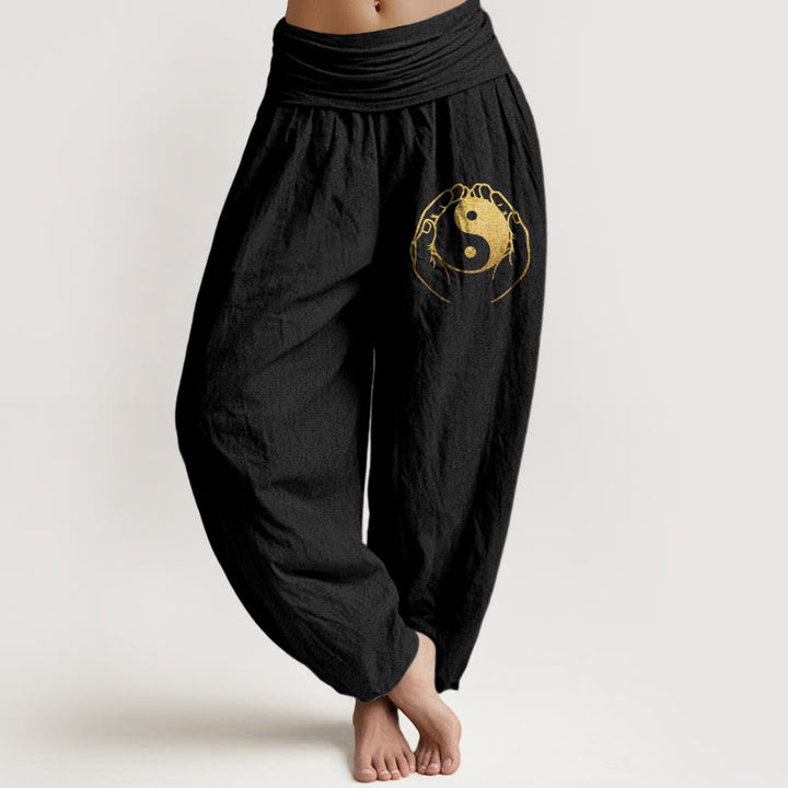 Buddha Stones Yin Yang Hand Pattern Women's Elastic Waist Harem Cotton Pants - Black - US22，UK/AU26，EU54 (6XL) - image 0