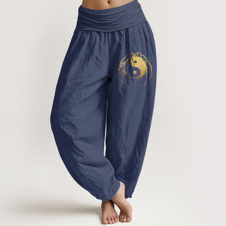 Buddha Stones Yin Yang Hand Pattern Women's Elastic Waist Harem Cotton Pants - DarkSlateBlue - US22，UK/AU26，EU54 (6XL) - image 5