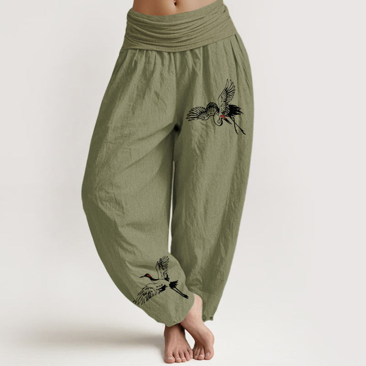 Buddha Stones Flying Red-crowned Cranes Pattern Women's Elastic Waist Harem Cotton Pants - OliveDrab - US22，UK/AU26，EU54 (6XL) - image 14