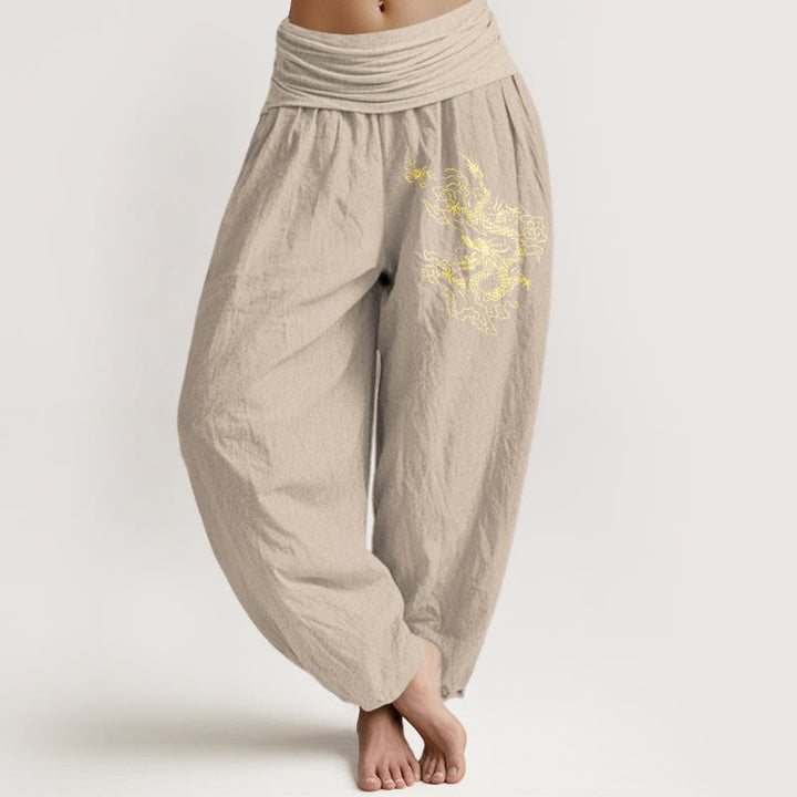 Buddha Stones Golden Dragon Print Pattern Women's Elastic Waist Harem Cotton Pants - Tan - US22，UK/AU26，EU54 (6XL) - image 11