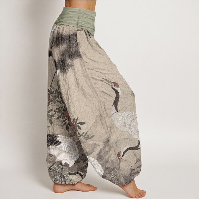 Buddha Stones Pure Cotton Casual Red-crowned Crane Pine Tree Mountain Women's Elastic Waist Harem Pants - image 2