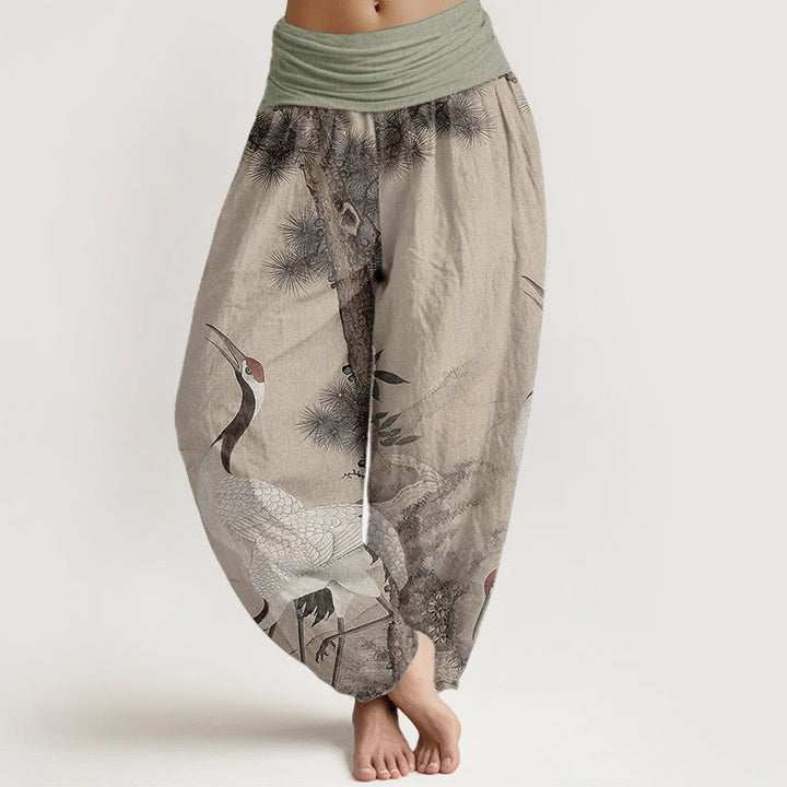 Buddha Stones Pure Cotton Casual Red-crowned Crane Pine Tree Mountain Women's Elastic Waist Harem Pants - Wheat - US22，UK/AU26，EU54 (6XL) - image 0